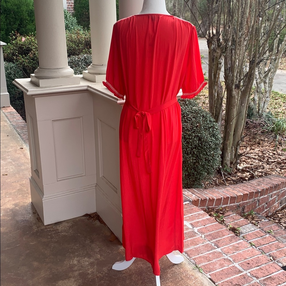 J Crew Smocked Trim Maxi Dress Red Crepe De Chine NWT Sz 6 Tie In Back - Picture 11 of 14